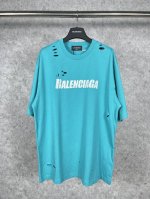 实拍图 顶级版本.官网品质 Balenci*Ga 巴黎.经典字母Logo印花成衣水洗做旧破洞割烂短袖T恤.砖柜同步.面料采用巴黎Zp定织定染全棉双纱紧密棉.克重