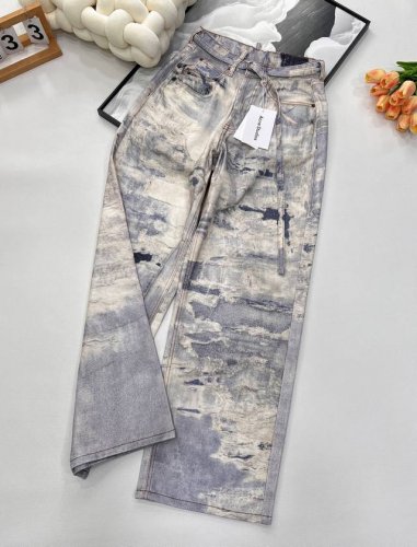 acnestudios2025新款复古潮牌Ac风格做旧水系油画废土风阔腿显瘦宽松牛仔裤, 正面纽扣和门襟禁锢，背面Logo微标印花，延续无性别主义中性风格，时髦