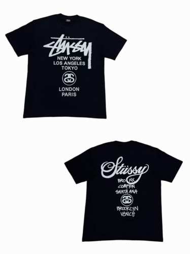 S243# P60 白底图 Stussy Ss23 世界巡游糸列 字母印花圆领短袖T恤 男女同款 采用圆筒无缝工艺 原版工艺 衣服侧面没有缝合骨位 鉴定重点 面