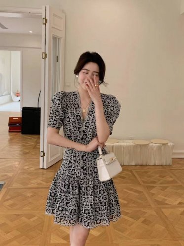 刺绣蕾丝连衣裙女夏新款高级感气质V领荷叶边收腰短袖短裙子 Smlxl