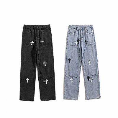 顶级版本 颜色：黑色 蓝色 尺码：M-Xxl 克罗心十字架贴标牛仔裤男宽松直筒休闲高街潮牌设计感高品质直简裤子 克罗心Vibe风设计感小众高腰直筒显瘦长裤 克罗