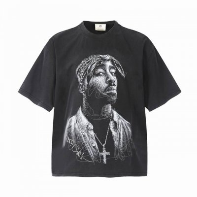Vt988 图派克Tupac说唱歌手2pac素描人像Big Face数码直喷印花复古水洗做旧短袖T恤 小领口设计 白墨数码直喷印花 高街复古重磅做旧水洗Vint