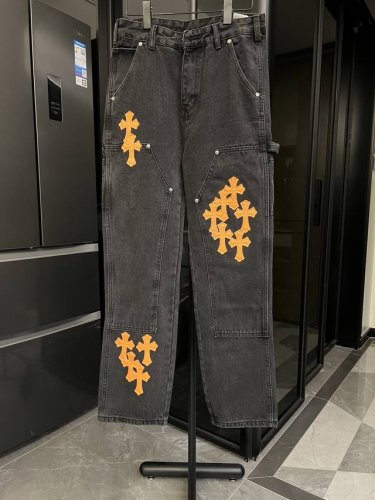 高端 Chrome Hearts 克罗心 25Fw Ch工装伐木黑橙拼皮限量牛王牛仔裤 黑 克罗心里面颜色最能打的裤子啦啦啦 采用珠帆布面料，重工水洗使面料上身