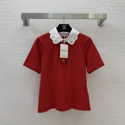 款号G25040647 Valentin*O华伦家新款高端定制 气质甜美花边镂空刺绣娃娃领系扣翻领Pt恤Polo衫！藏青色、红色、 M码：肩宽36，胸围88，袖
