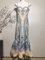Zimmerm*蓝色复古印花丝麻绿松石佩斯利花纹吊带鱼尾礼服连衣裙 Smlxl