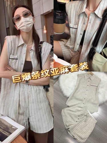 出大货轻奢气质高级感亚麻套装夏季新款女装时尚撞色条纹麻料无袖衬衫+松紧腰短裤套装减龄休闲两件套 面料 面布亚麻 里布冰丝弹 图色四码Smlxl