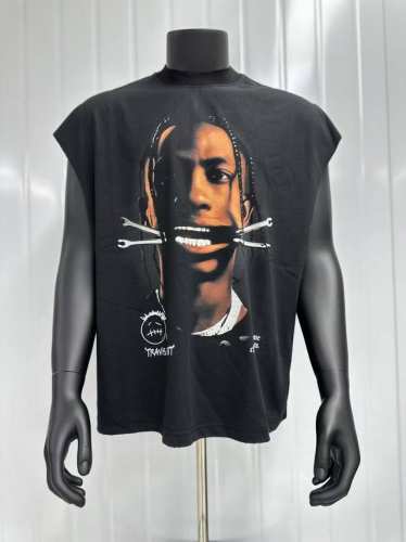 Vt001 Travis Scott斯科特Big Face人像浮夸搞怪印花复古水洗做旧无袖坎肩T恤 小领口设计 白墨数码直喷印花 手工磨破工艺 高街复古重磅做旧