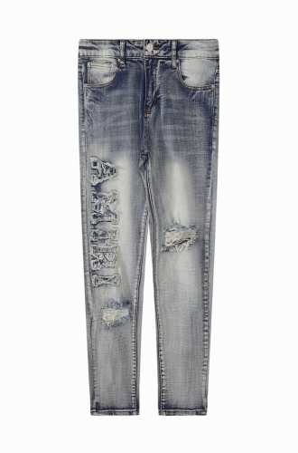 款号3390 正确版本 顶级复刻 Amiri Mx1高街牛仔裤修身水洗刀割破洞长裤Fog高街男潮 Amiri蓝色 近年来高街成了男装里越来越频繁出现的词 高街风