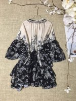 Zimmermann女士灯笼袖印花蝙蝠袖不规则荷叶边连衣裙 Smlxl