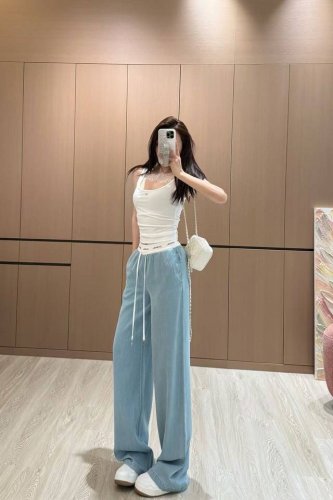 上新 chane* 小香 25Ss撞色抽绳牛仔阔腿裤 撞色尽显高级感 气质优雅不失甜美 颜色 蓝色 尺码 Sml s码推荐 80~100 m码推荐 100 11