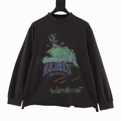 Balenciaga 巴黎世家 渲染模糊图案破烂长袖 前后面模糊图案白墨直喷洗水磨烂破坏做旧下摆手工打磨.砖柜同步。做旧磨烂Zp一致，欢迎对比面料采用巴黎Zp定
