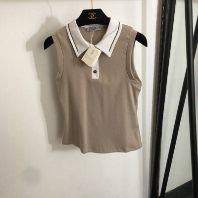 款号20252410 Brunello Cucinell* Bc新款 串珠拼色polo领修身纯棉背心，杏色，灰色，Sml， M码；胸围76，长53