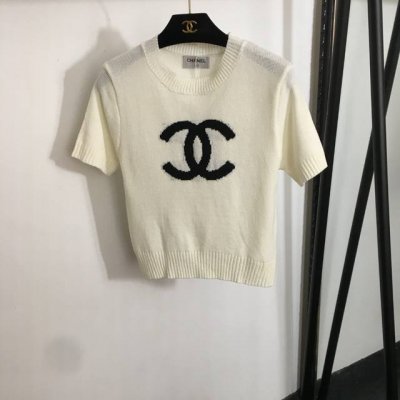 款号20253181 Chane*新款 撞色Logo套头短袖针织衫 上衣 白色 粉红色 绿色 均码 肩宽36 胸围80 袖长20 衣长59