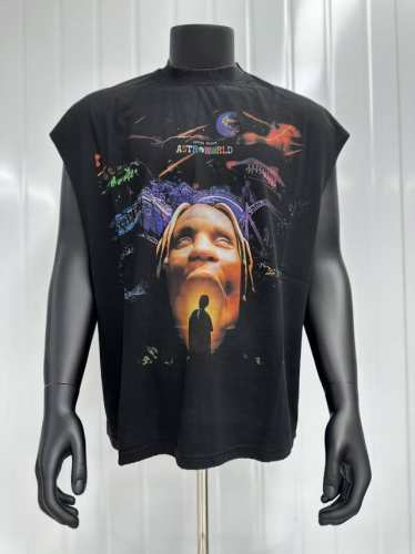 Vt014 Travis Scott斯科特联名Utopia专辑封面周边人像数码直喷印花复古水洗做旧坎肩无袖T恤 小领口设计 白墨数码直喷印花 手工磨破工艺 高街