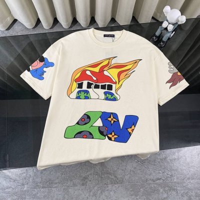 Louis Vuitton 路易威登Lv 2025新款前后印花火车头火焰涂鸦短袖圆领T恤 -面料采用320G %纯棉双纱面料 同缸定染特种加粗32支双股1X1螺