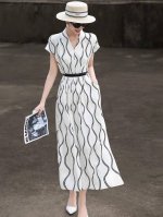 欧洲站夏季新款女装链条花竖条纹V领连衣裙女高端气质高腰中长裙子 Smlxl