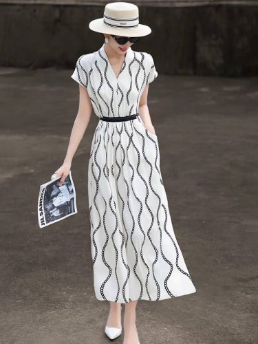 欧洲站夏季新款女装链条花竖条纹V领连衣裙女高端气质高腰中长裙子 Smlxl