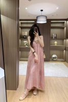 连衣裙 扎染亚麻混纺挂脖V领连衣裙 Smlxl