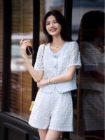 套装 爆款推荐，小香风清新套装时尚气质夏季新款镂空圆领通勤短裤两件套Smlxl