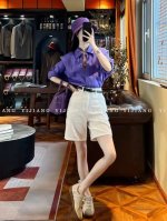 翻单出货！高品质！上图必补！100%亚麻紫色衬衫+牛仔棉白色短裤！超美超好看！法式时尚干练炸街休闲套装！配送精美腰带！图色四码Smlxl