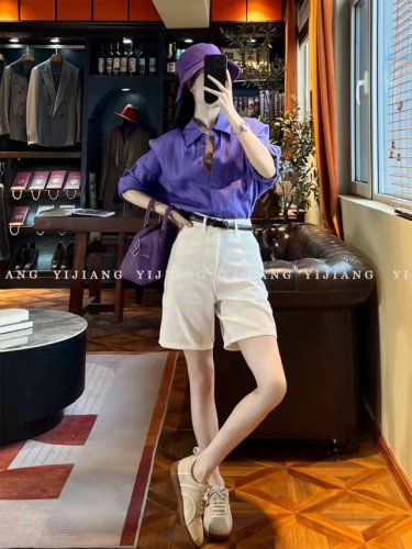 翻单出货！高品质！上图必补！100%亚麻紫色衬衫+牛仔棉白色短裤！超美超好看！法式时尚干练炸街休闲套装！配送精美腰带！图色四码Smlxl