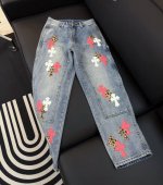 款号 D314 chrome Hearts 克罗心 十字架粉色豹纹贴皮牛仔裤工装 伐木裤 克罗心的伐木裤来了 Ch克罗心双膝十字架贴皮Bo1版型伐木裤直筒工 装