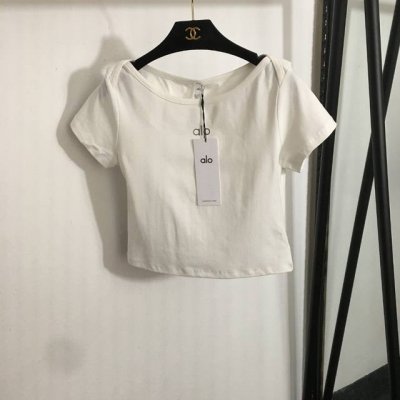 款号20252721 Alo新款 Logo反光印花 一字领修身短袖T恤上衣，白色，黑色，Sml， M码；胸围78，袖长14，衣长45