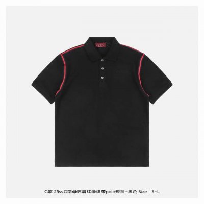 gucci 古驰 25Ss G字母环肩红绿织带polo短袖-黑色 面料采用原版定制 G全棉朱地布料 螺纹染色原版一致 原版定制红绿织带 衣服肩部两侧织带设计 胸
