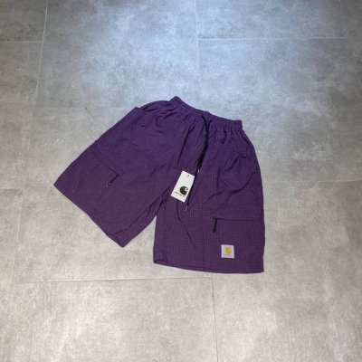 Carhart卡哈特 高品质格纹布绣标大口袋透气薄款宽松短裤情侣款 Color: 紫色 Size: M-Xl M 腰围92 臀围132 裤长53 Cm L 腰围