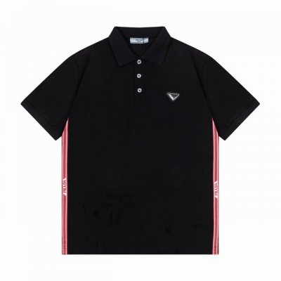 prada 普拉达 2025新款 侧边红线字母 印花 定制扁机领 三角皮章Logo 男女同款 休闲Polo衫 定制珠地面料 领标吊牌主唛三标齐全 颜色：黑色 尺