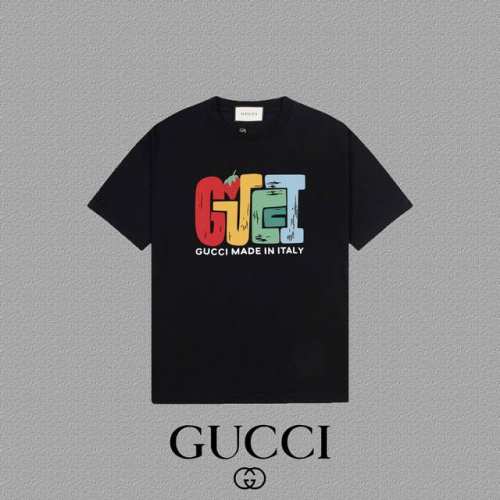 Gucci 古奇] 2025FW短袖T恤 LOGO印花 高端26s双纱300克面料 重磅面料 定制拉架罗纹同缸同染 三标齐全 男女同款 颜色：黑色 白色 杏色