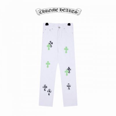 克罗心原版神裤！ 款号：X064 上新！Chrome Hearts Ch克罗心24Ss英伦限定白拼苹果绿贴皮拼斑马牛仔裤，颜值爆表，堪称克罗心裤王！ 精选珠帆布