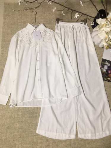 套装Dio*R新品镂空水溶蕾丝花边拼接亚麻翻领刺绣衬衫休闲宽松阔腿长裤 套装两件套Smlxl
