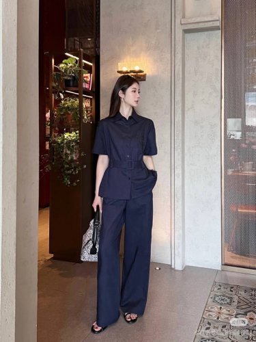 套装 重磅100%亚麻刺绣套装3色 高品质 欧洲站2025夏季新款气质简约收腰排扣衬衫+高腰显瘦阔腿裤两件套3色黄色 蓝色 藏青色Smlxl