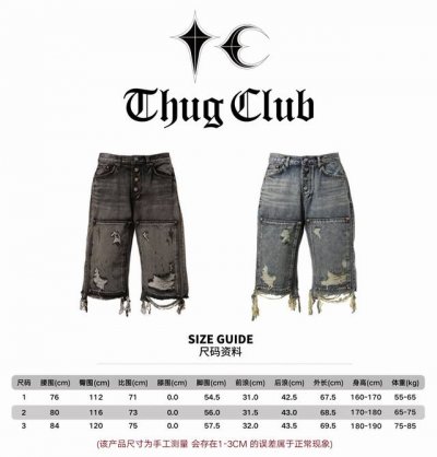 尺码上身 #Th50 顶级版本辅料齐全Thug Club破洞中腰宽松七分牛仔短裤男刺绣水洗垂感休闲短裤男女同款 Tc这个牌子有着韩版 克罗心 称号 世界各路顶流