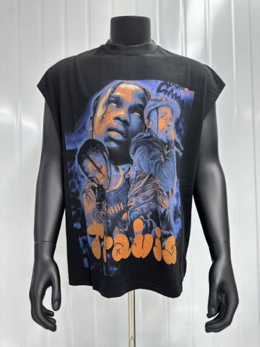 Vt016 Travis Scott斯科特Big Face人像演出限定浮夸搞怪印花复古水洗做旧无袖坎肩T恤 小领口设计 白墨数码直喷印花 手工磨破工艺 高街复古
