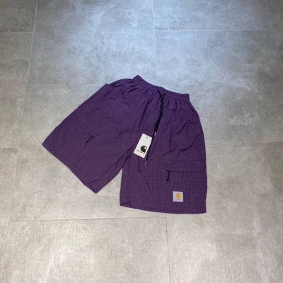 carhart卡哈特 高品质格纹布绣标大口袋透气薄款宽松短裤情侣款 Color: 紫色 Size: M-Xl M 腰围92 臀围132 裤长53 Cm L 腰围