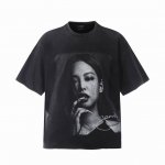 Vt9184 Black pink韩国女团Jennie金珍妮人像Big Face数码直喷印花复古水洗做旧短袖T恤 小领口设计 白墨数码直喷印花 高街复古重磅做旧