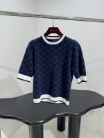 25新品羊毛混纺套头衫 藏蓝色羊毛混纺面料制作 互扣式Gg提花图案 撞色白色饰边 修身弹力版型 百搭款 藏蓝色