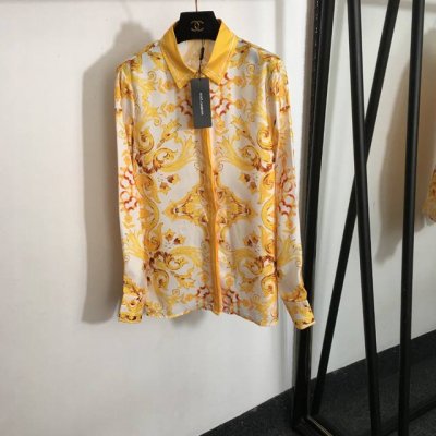 款号4659 Dg*新款 复古花朵印花长袖衬衣，黄色，红色，蓝色，S-Xl， M码；肩宽40，胸围104，袖长63，长69