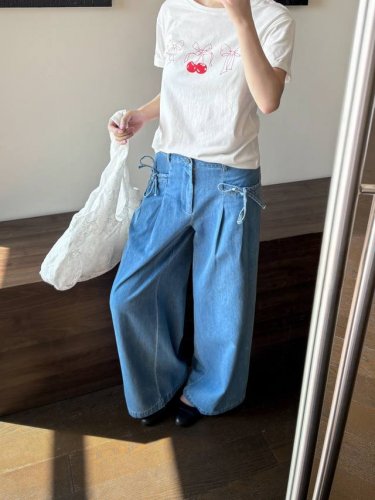 no Name上新 新款Rouje蝴蝶结休闲牛仔阔腿裤 Sml