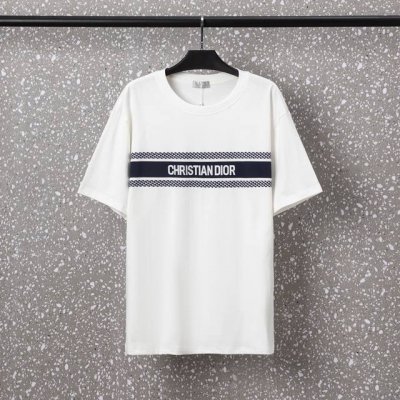651#Dior（男女同款、32S双纱爽全棉270克重高品质专柜版经典款海军蓝色条纹“Christiandior”标志数码直喷工艺-颜色黑/白-码数Xs-L-P