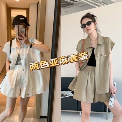 套装 呼吸亚麻套装 全亚麻上衣+松紧腰短裤两件套，年轻时尚百搭款Smlxl