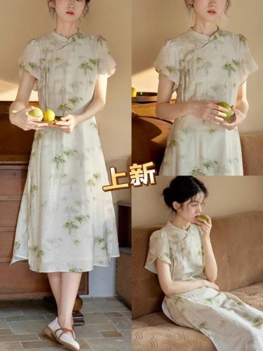 连衣裙 竺麻印花旗袍裙新中式气质女装改良式旗袍新款高端气质修身显瘦国风连衣裙，面料：竺麻印花，里布50D加密四面弹。图色四码Smlxl