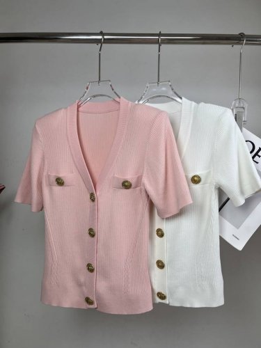 2025夏季新款 B家V领金扣短袖开衫 三色 Size: S- L