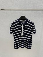 D家 早春新款 圆领条纹绑带针织短袖 颜色：宝蓝色 尺码：36.38.40