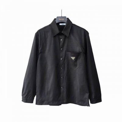 实拍细节图+尺码表 Prada 普拉达 经典订制三角标尼龙长袖衬衫外套 经典中性设计风格 时尚简约 男女百搭 全套定制辅料 复刻原版 颜色：黑色 尺码:S-Xl