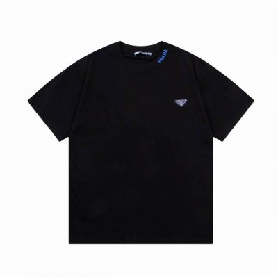 高版本 prada 普拉达 2025新款 定制310G双纱纯棉面料 领口立体凸胶字母Logo 定制金属三角章 男女同款 短袖 颜色：黑色 尺码：S-Xl