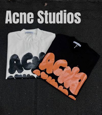 Acne Studios 2025新款 复古1996大字母泼墨果冻涂鸦徽标数字Logo印花情侣短袖T恤 男女同款 美式1996涂鸦微标复古数字印花图案T恤，上身