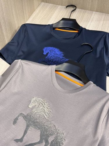 型号Hs021#，爱马家 2025春夏最新骏马牙刷绣男士圆领T恤衫，胸前极具代表性的巴西骏马图案，采用高端重工的牙刷绣工艺，大气精致而富有层次感，摸上去绒绒的，